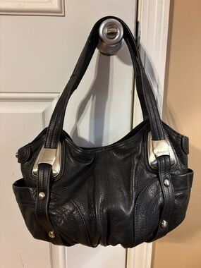 b. makowsky Black Leather Shoulder Bag with Silver Hardware